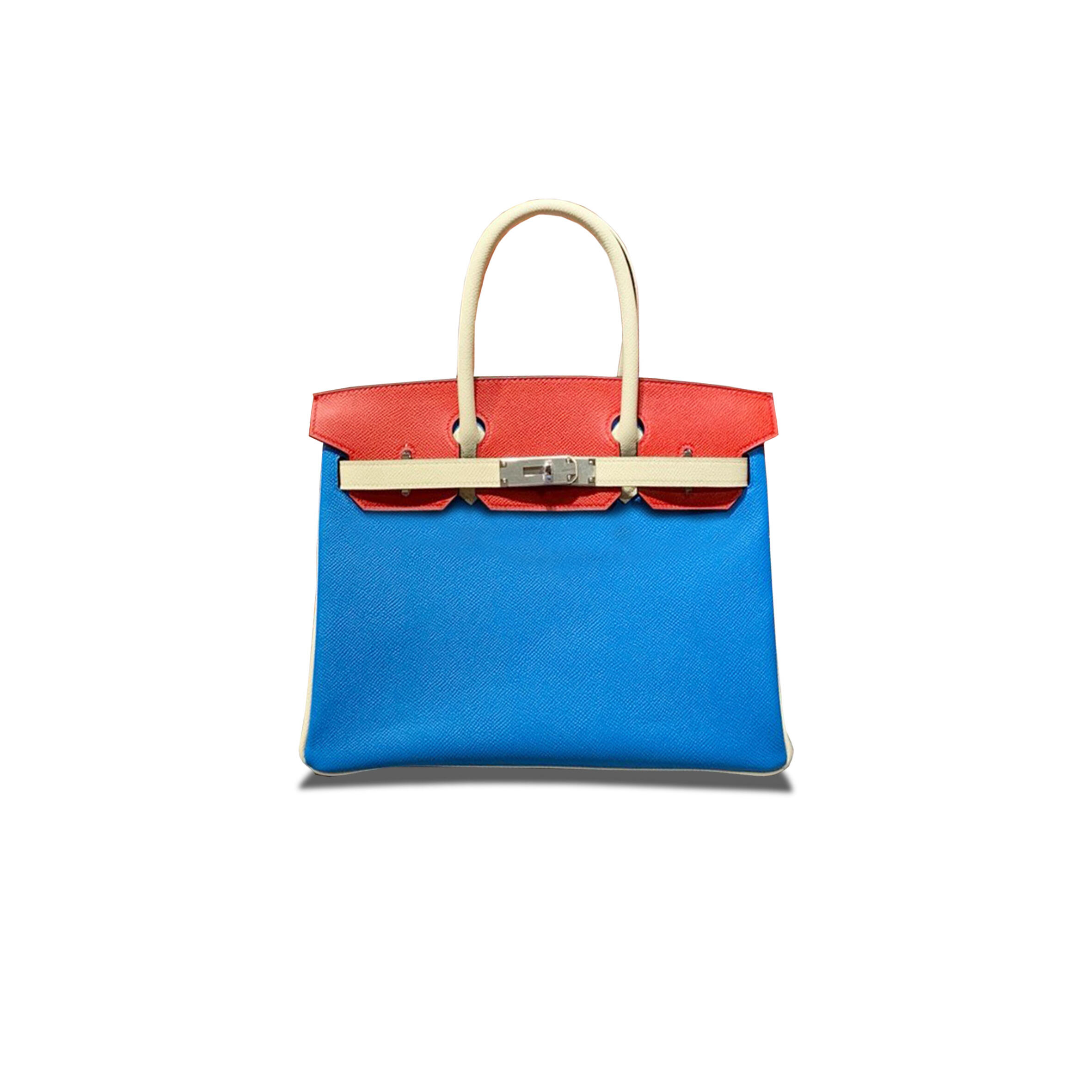 H**me5 BIRKIN 30 EPSOM WATER FAIRY BLUE WITH RED AND MILKSHAKE WHITE WITH SILVER BUCKLE H028362CC09 (30*23*15cm) Master Quality